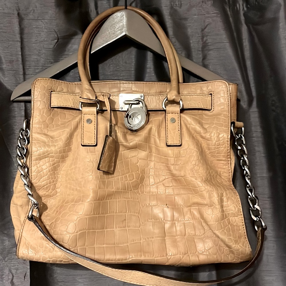 Michael Kors Embossed Taupe Colored Handbag with Metallic Hardware